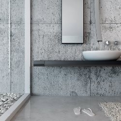 В уже оборудованной ванной комнате, в которой мы хотим вдохнуть свежесть путем введения бетона, вместо бетонных плит мы можем использовать бетонные добавки
